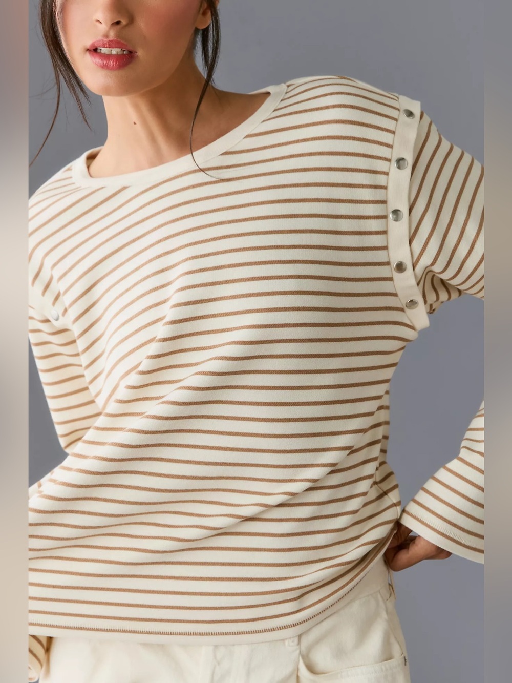 NWT Maeve Anthropologie Slouchy Striped Snap Long-Sleeve Tee